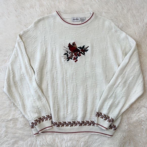 Red cardinal sweater center appliqué ribbed crewneckh hem and cuff snowf… - Picture 10 of 10